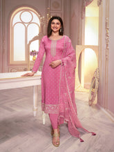 Pink  Silk Georgette Embroidered  Salwar Suit With Pant Dupatta